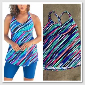 Tankini Braided Rope Skirt Cover Striped Print Tank Top Swimsuit Plus Size 24 26